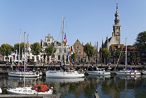 Marina and tower of the town hall, historic town of Veere, Walcheren, Zeeland, Netherlands, Europe