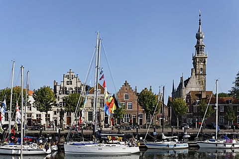 Marina and tower of the town hall, historic town of Veere, Walcheren, Zeeland, Netherlands, Europe