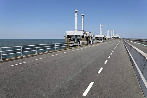 Road on the storm-surge barrier between Oosterschelde or Eastern Scheldt and the North Sea, Zeeland, Netherlands, Europe