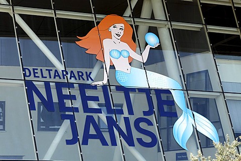 Logo with mermaid, Deltapark Neeltje Jans, amusement park at the Oosterschelde or Eastern Scheldt storm surge barrier, Zeeland, Netherlands, Europe