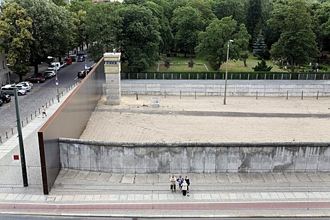 Death strip with former watchtower, Berlin Wall Memorial, Bernauer Strasse, Mitte quarter, Berlin, Germany, Europe