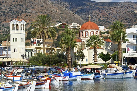 Boats in the harbour of Elounda, Crete, Greece, Europe