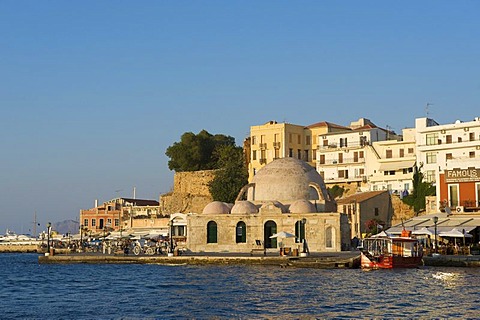 Port with Mosque and horse-drawn carriage in Chania, Crete, Greece, Europe