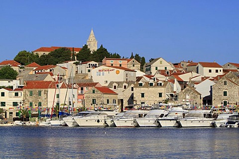 Marina with the town of Primosten, Dalmatia, Croatia, Europe, PublicGround