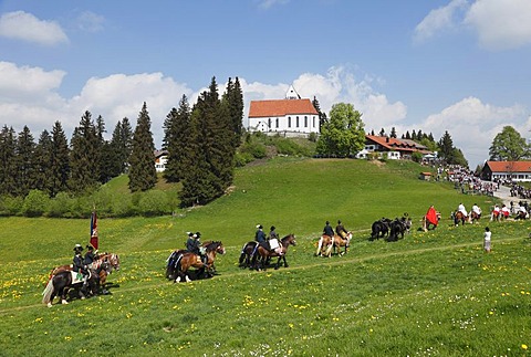 St. George's Ride horse pilgrimage, church of St. George, Auerberg, Bernbeuren, Allgaeu, Upper Bavaria, Bavaria, Germany, Europe