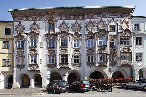 Rococo facade by Johann Baptist Zimmermann at the Kernhaus, Wasserburg am Inn, Upper Bavaria, Bavaria, Germany, Europe