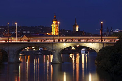 Friedensbruecke across the Main River, Neubaukirche Church, as seen from Bruecke der Deutschen Einheit bridge, Wuerzburg, Lower Franconia, Franconia, Bavaria, Germany, Europe, PublicGround
