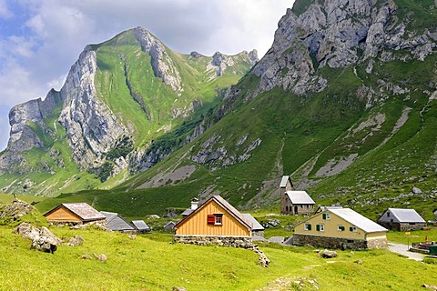 Alpine huts, Alpine hamlet Meglisalp at 1517m altitude in the Appenzell Alps, Canton Appenzell Innerrhoden, Switzerland, Europe