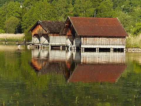 Boat sheds on Kochelsee Lake, Bavaria, Germany, Europe