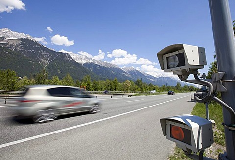 Speeding driver, radar speed control camera on the Inn Valley motorway A12 in the direction of Kufstein shortly before Innsbruck, Austria, Europe