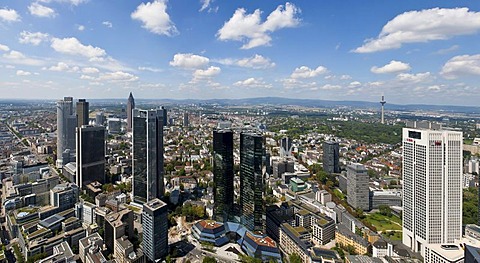 Panorama of the skyline of Frankfurt with the skyscrapers of Trianon, OpernTurm with UBS, Deutsche Bank Twin Towers with a new facade, Sparkasse and FBC towers, in front of the Messeturm Tower, Tower 185 and the TV Tower, Westend district of Frankfurt am 