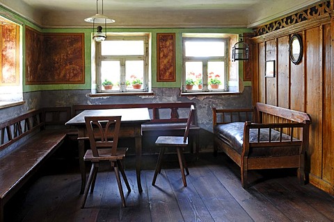 Living room with painted decoration circa 1830, Haeckerhouse building, 1706, Franconian open-air museum, Eisweiherweg 1, Bad Windsheim, Middle Franconia, Bavaria, Germany, Europe