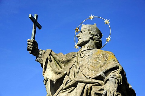 Saint with cross, statue of St. John of Nepomuk, Alte Mainbruecke bridge, Wuerzburg, Lower Franconia, Bavaria, Germany, Europe