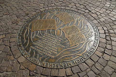 Commemorative plate for the book-burning by the Nazis, Roemerberg square, Frankfurt am Main, Hesse, Germany, Europe