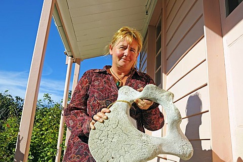 Museum guide with a whalebone, Fyffe House, whalers' house from 1842, Kaikoura Peninsula, South Island, New Zealand