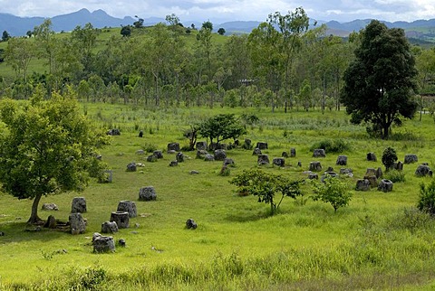 Archeology, large ancient stone jars in the landscape, Plain of Jars, Jar Site 1, Thong Hai Hin, at Phonsavan, Xieng Khouang province, Laos, Southeast Asia