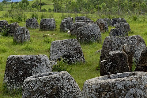 Archeology, large ancient stone jars in the landscape, Plain of Jars, Jar Site 1, Thong Hai Hin, at Phonsavan, Xieng Khouang province, Laos, Southeast Asia