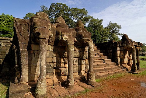 Stone elephant sculptures on the Elephant Terrace, Angkor Wat temple complex, Siem Reap, Cambodia, Indochina, Southeast Asia