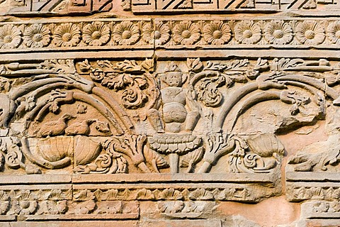 Relief at the Dhamek Stupa, Buddhist holy place Sarnath, Uttar Pradesh, India, Asia