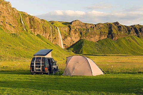 Camping at Seljalandsfoss waterfall, southern Iceland, Europe