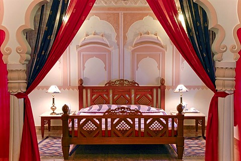 Bedroom in a suite, Khimsar Fort Heritage Hotel, Rajasthan, northern India, Asia