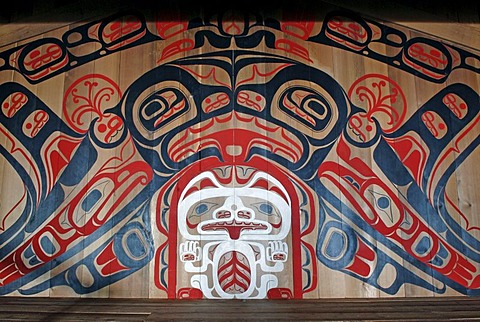 Wall painting with white grizzly and orca, community center, First Nation village of the Gitga'ata people, Tsimshian, Hartley Bay, British Columbia, Canada, North America