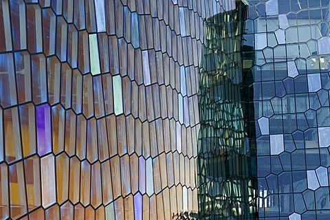 Honeycomb windows, facade of the Harpa concert hall, new landmark of Reykjavik, Iceland, Europe