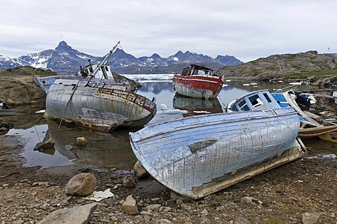 Old boats, Tasiilaq, also known as Ammassalik, East Greenland, Greenland