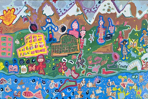Children's painting, on the topic "Life in Greenland", exterior wall of a house, Tasiilaq, also known as Ammassalik, East Greenland, Greenland