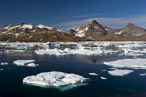 Floating ice sheets and mountains, Tasiilaq or Ammassalik, East Greenland, Greenland