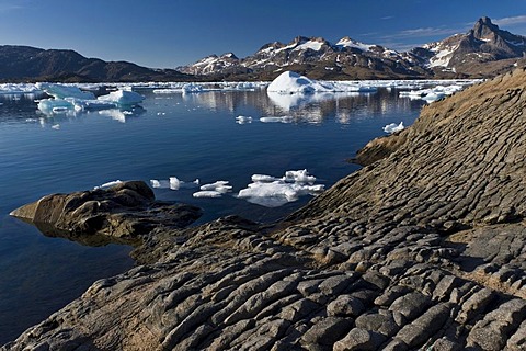 Floating ice sheets and mountains, Tasiilaq or Ammassalik, East Greenland, Greenland