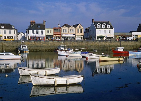 City by the sea, fishing boats in the harbor, St. Sampson, Guernsey, Channel Islands, England, United Kingdom, Europe