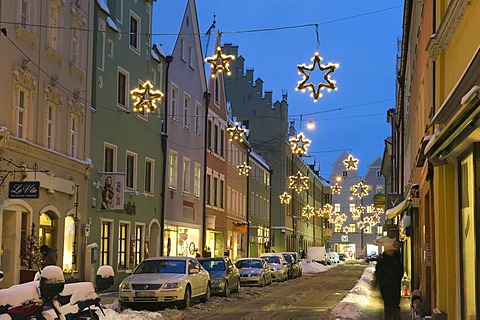 Street with Christmas decorations in winter, Landshut, Lower Bavaria, Bavaria, Germany, Europe