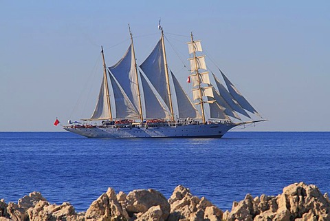 Sailing cruise ship, Star Flyer, at Cap Martin on the way to Monaco, Cote d'Azur, France, Europe