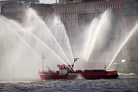 Fire boat spouting water in all directions, Hafengeburtstag or Port Anniversary 2011, Hanseatic City of Hamburg, Germany, Eur