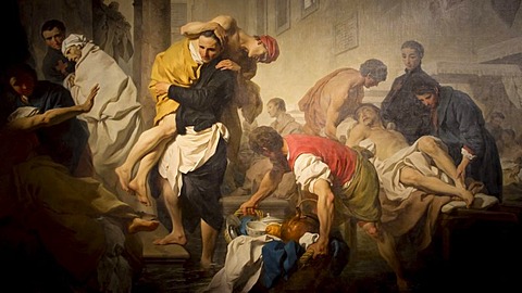 Painting "St. Camillo de Lellis saves the patients at the Ospedale S. Spirito in Rome during the Tiber River flood in 1598" by Pierre Hubert Subleyras, Museo di Roma museum, Palazzo Braschi, Rome, Lazio, Italy, Europe