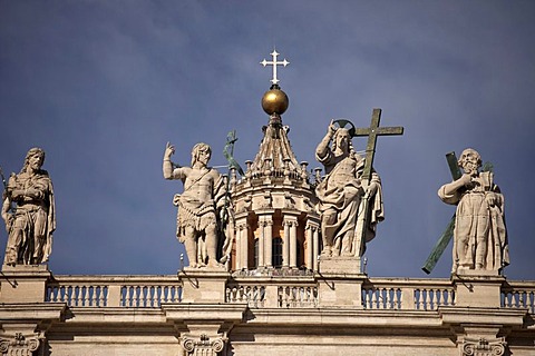 Statue of Jesus with the Cross and the Apostles on St. Peter's Basilica in Rome, Italy, Europe