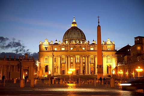 The illuminated St. Peter's Basilica and St. Peter's Square at the blue hour, Rome, Italy, Europe