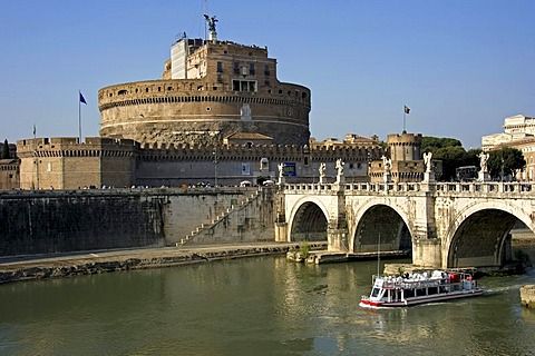 Castel Sant'Angelo or Mausoleum of Hadrian and bridge Ponte Sant'Angelo, Tiber river with ship, Rome, Lazio, Italy, Europe