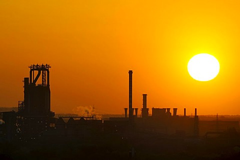 Industrial buildings at sunset, Ruhr Area, North Rhine-Westphalia, Germany, Europe