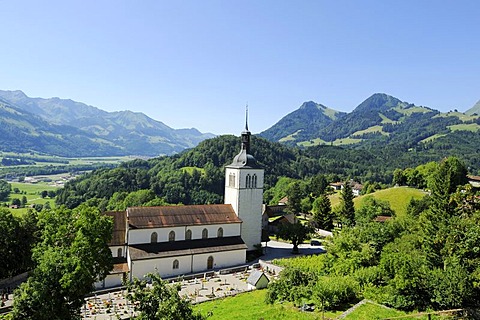 Church of the medieval town of Gruyeres, Fribourg, Switzerland, Europe