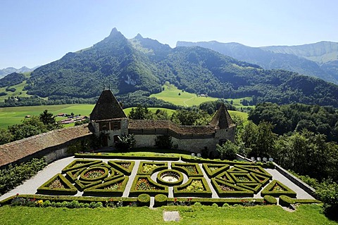 Gardens of Chateau de Gruyeres castle, Gruyeres, Fribourg, Switzerland, Europe