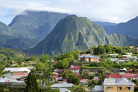 Hell-Bourg with the Piton d 'Enchaing peak in the Cirque de Salazie caldera, Reunion island, Indian Ocean