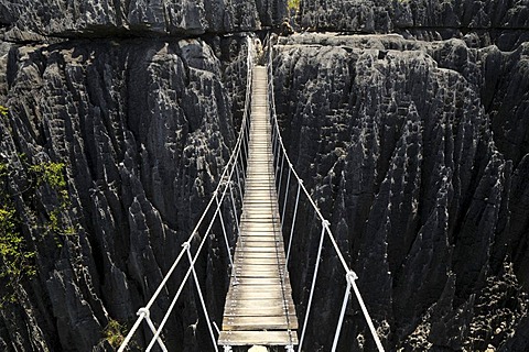 Suspension bridge in the Tsingys of Bemaraha, limestone formations, UNESCO World Heritage Site, Madagascar, Africa, Indian Ocean