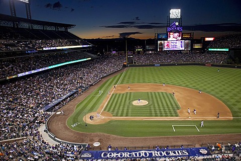 The Colorado Rockies play the Washington Nationals in a baseball night game at Coors Field, Denver, Colorado, USA