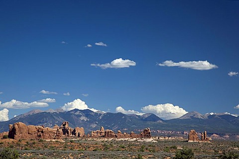 Arches National Park, with the La Sal Mountains in the back, Moab, Utah, USA