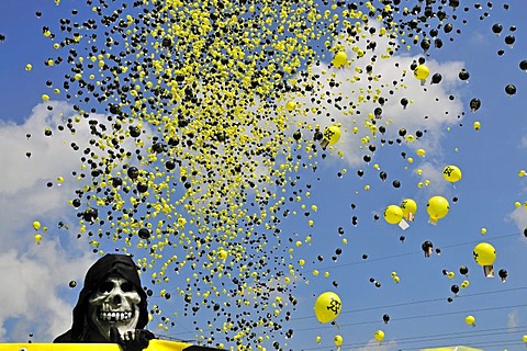 Anti nuclear power demonstration with balloons at the Gundremmingen nuclear power plant, the most powerful German nuclear power plant, Gundremmingen in Guenzburg, Bavaria, Germany, Europe