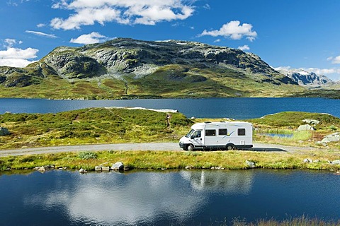 Campervan, camping in the mountains at lake Stavatn, Telemark, Norway, Europe