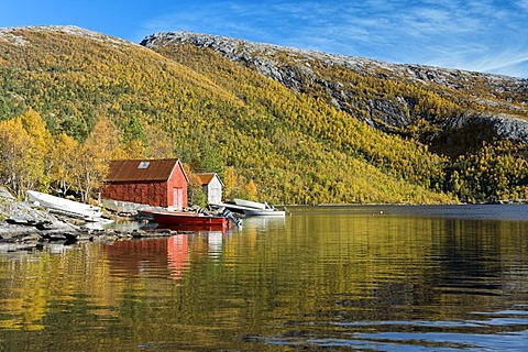 Fishing cabins by Valnesvatnet Lake, Nordland, Norway, Scandinavia, Europe