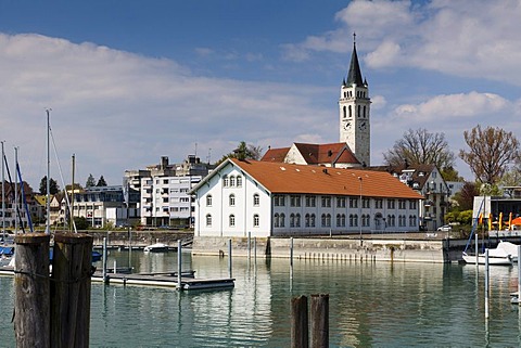 Former port warehouse of Romanshorn with the Catholic Church, Romanshorn, Canton of Thurgau, Switzerland, Europe